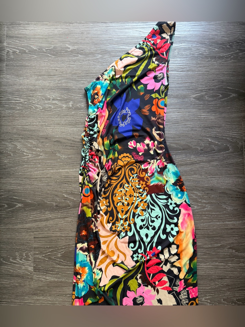VENUS One-Shoulder Asymmetrical Floral Print Dress - Black, Blue, Pink - Picture 7 of 7